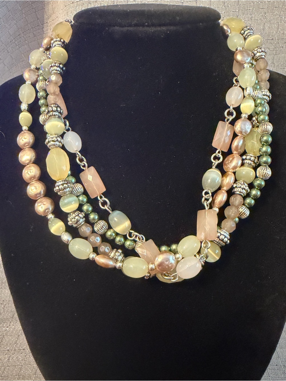 Multi-Strand Green and Gold Beaded Statement Necklace